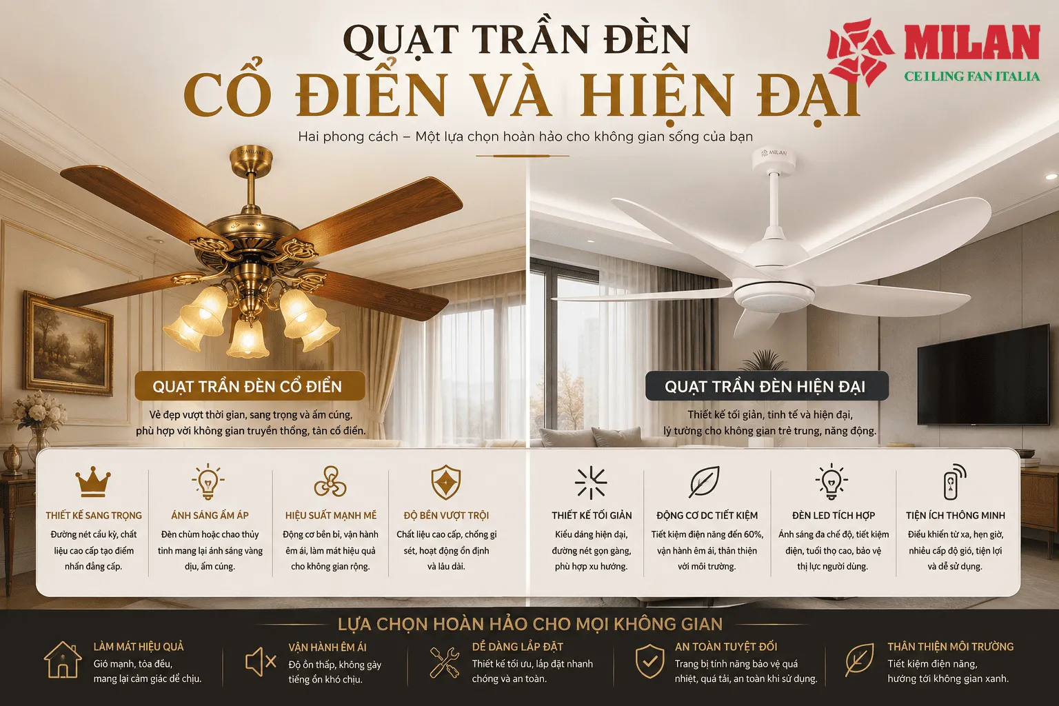 quạt trần đèn cổ điển và hiện đại